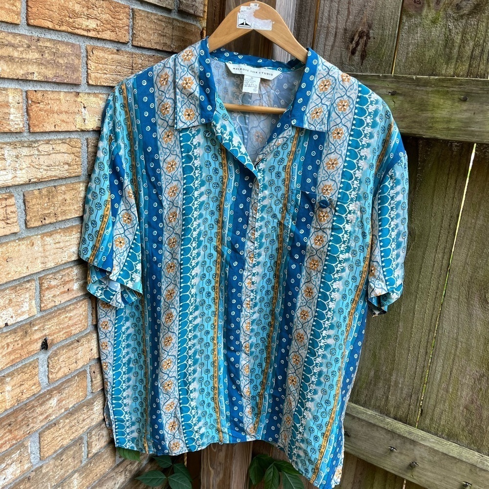 100% Silk Teal and Orange Patterned Button Down Shirt Vintage